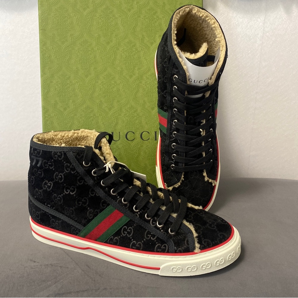 - New Mens Gucci 1977 Shearling  Lined GG High Top  Black Sneakers G 7.5 /8.5 US